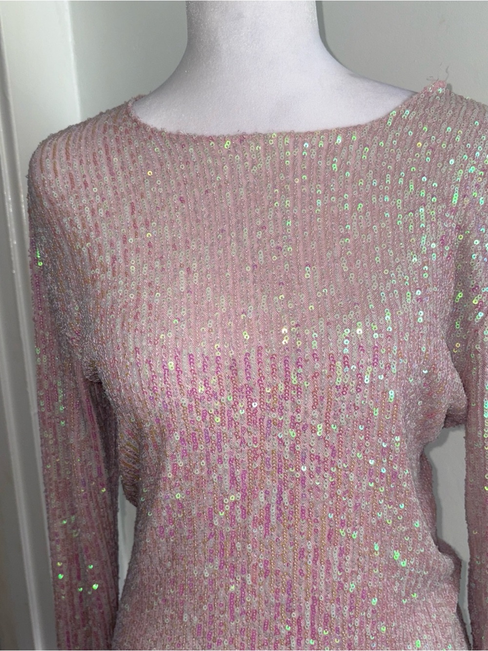 Free People Iridescent Sequin Ribbed Long-Sleeve Top - Light Pink - Picture 4 of 6